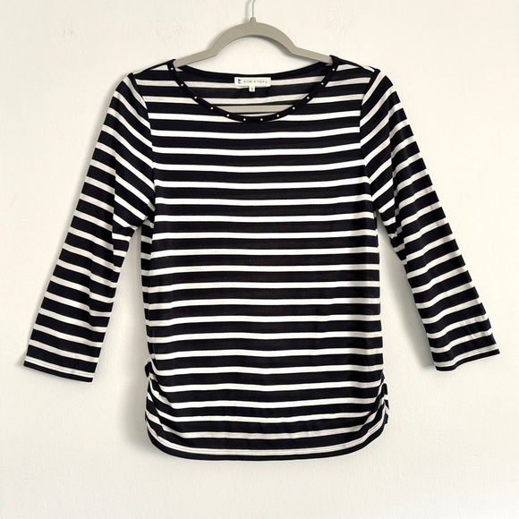 Kumikyoku Blue and White Striped 3/4 Sleeve Top Studded Neckline Size 2 / US M - Picture 1 of 10